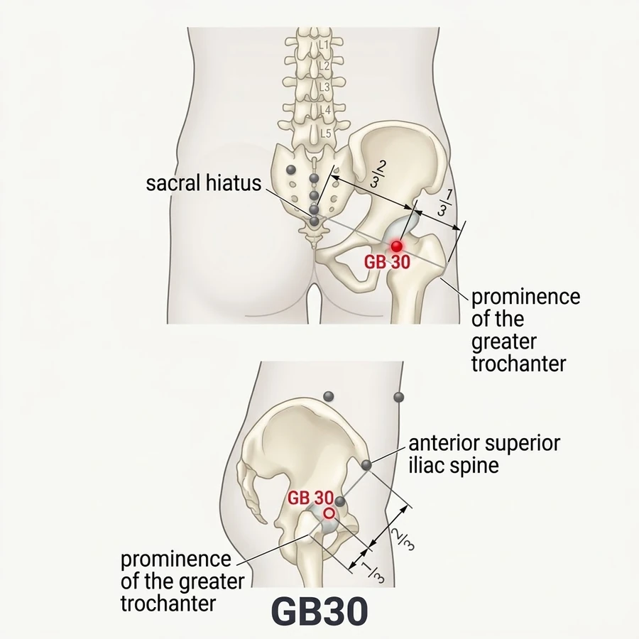 Location of Huantiao (GB-30): The written location is summarised from the classical record; use the strongest named.