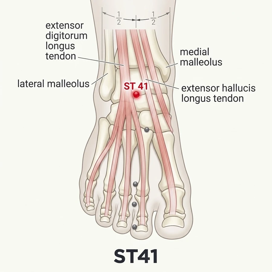 Location of Jiexi (ST-41): On the front of the ankle where the dorsum of the foot meets the leg.