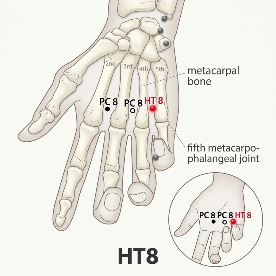 Location of Shaofu (HT-8): The written location is summarised from the classical record; use the strongest named.