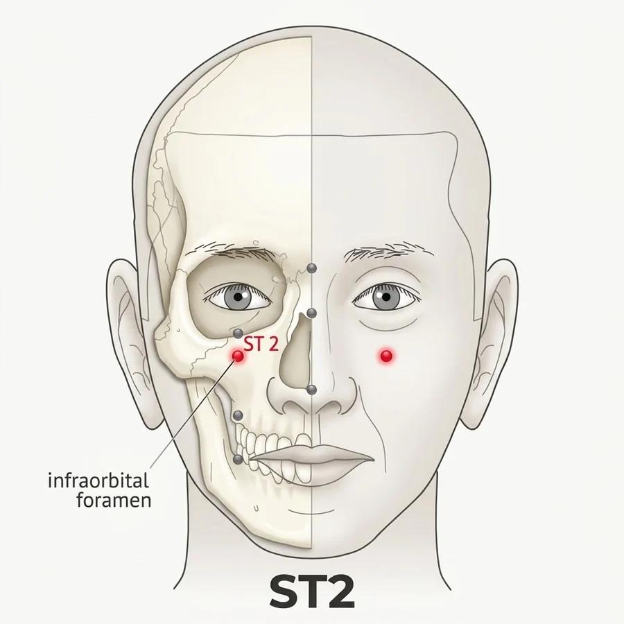 Location diagram: Sibai (ST-2), in the infraorbital foramen below the pupil.