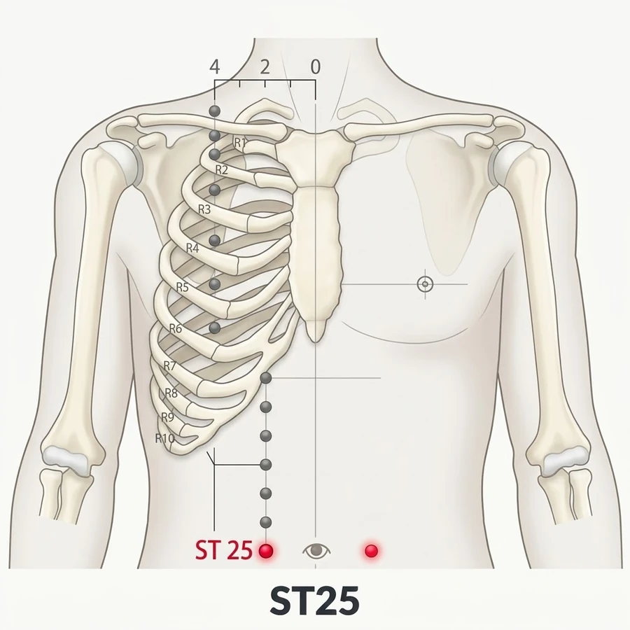 Location of Tianshu (ST-25): Two cun measured from the landmark shown in the diagram and the location text.