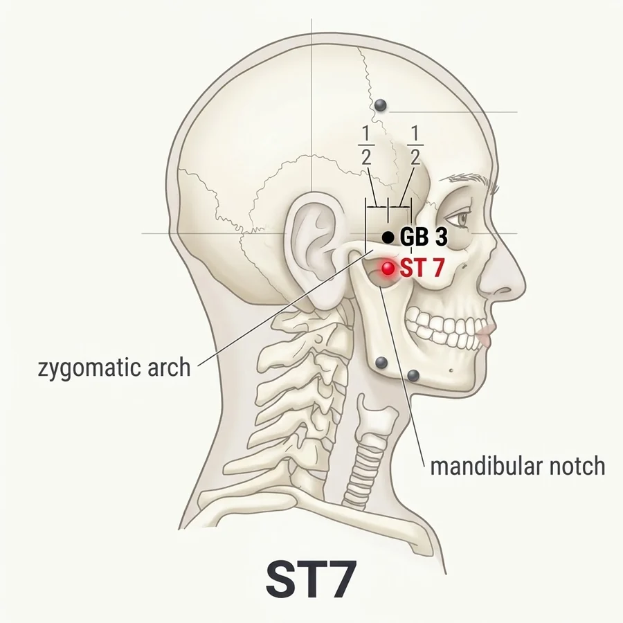 Location diagram: Xiaguan (ST-7), in the hollow below the cheekbone in front of the ear.