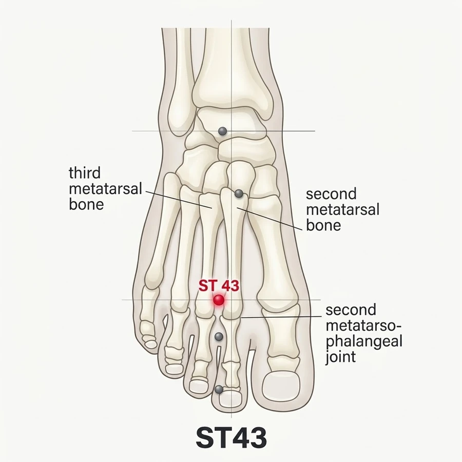 Location of Xiangu (ST-43): Follow the gap between the second and third toes up to the web and measure two cun back.