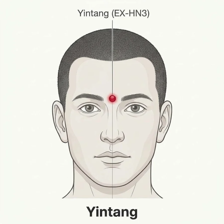 Location diagram: Yintang (GV 24+), on the midline of the forehead midway between the medial ends of the eyebrows.