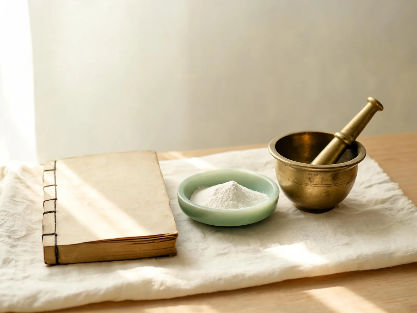 An old string-bound book beside a dish of pearl powder and a brass mortar.