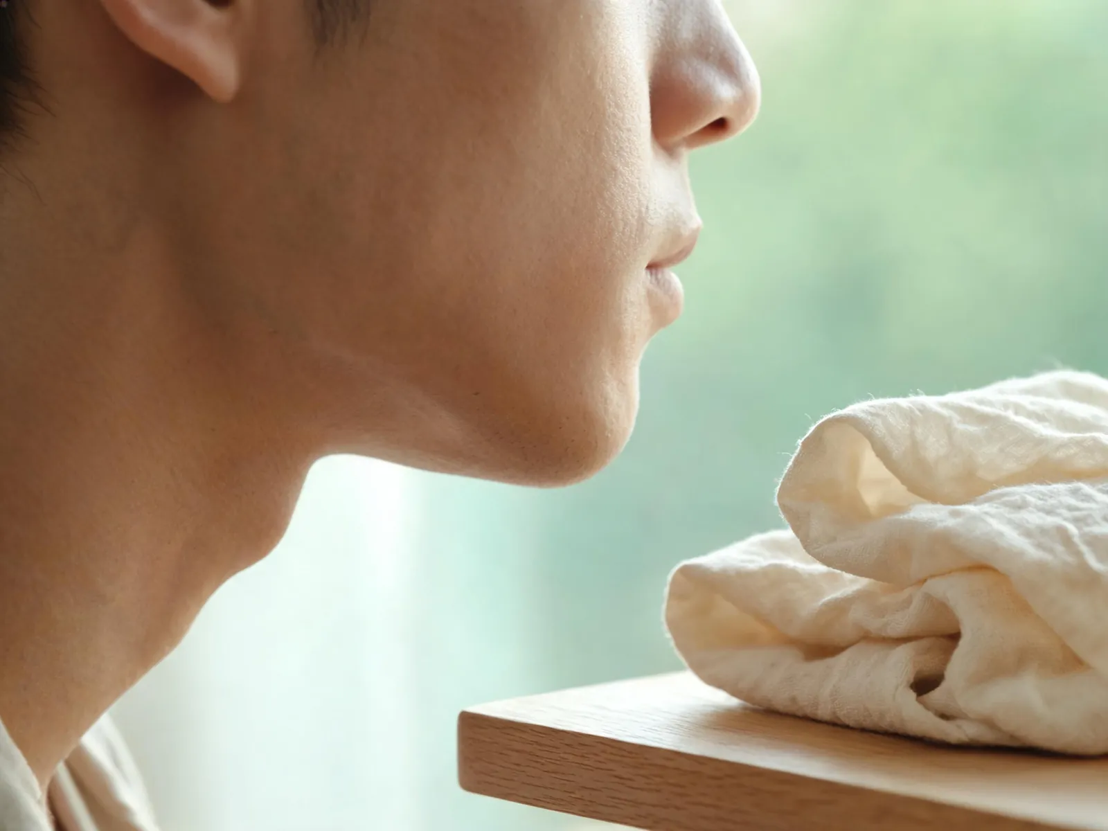 A calm cheek and jaw in soft side daylight beside a folded linen cloth.