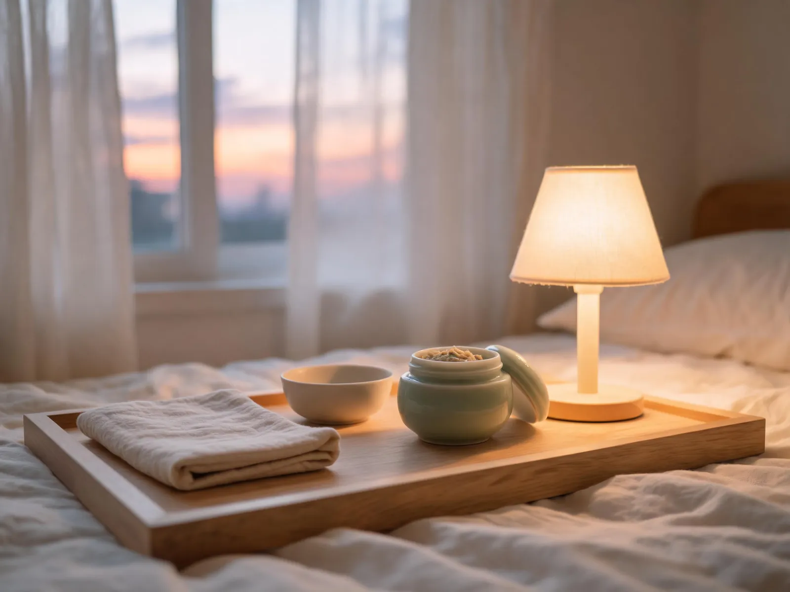 A tray at dusk with a folded cloth, a small jar and a warm lamp.