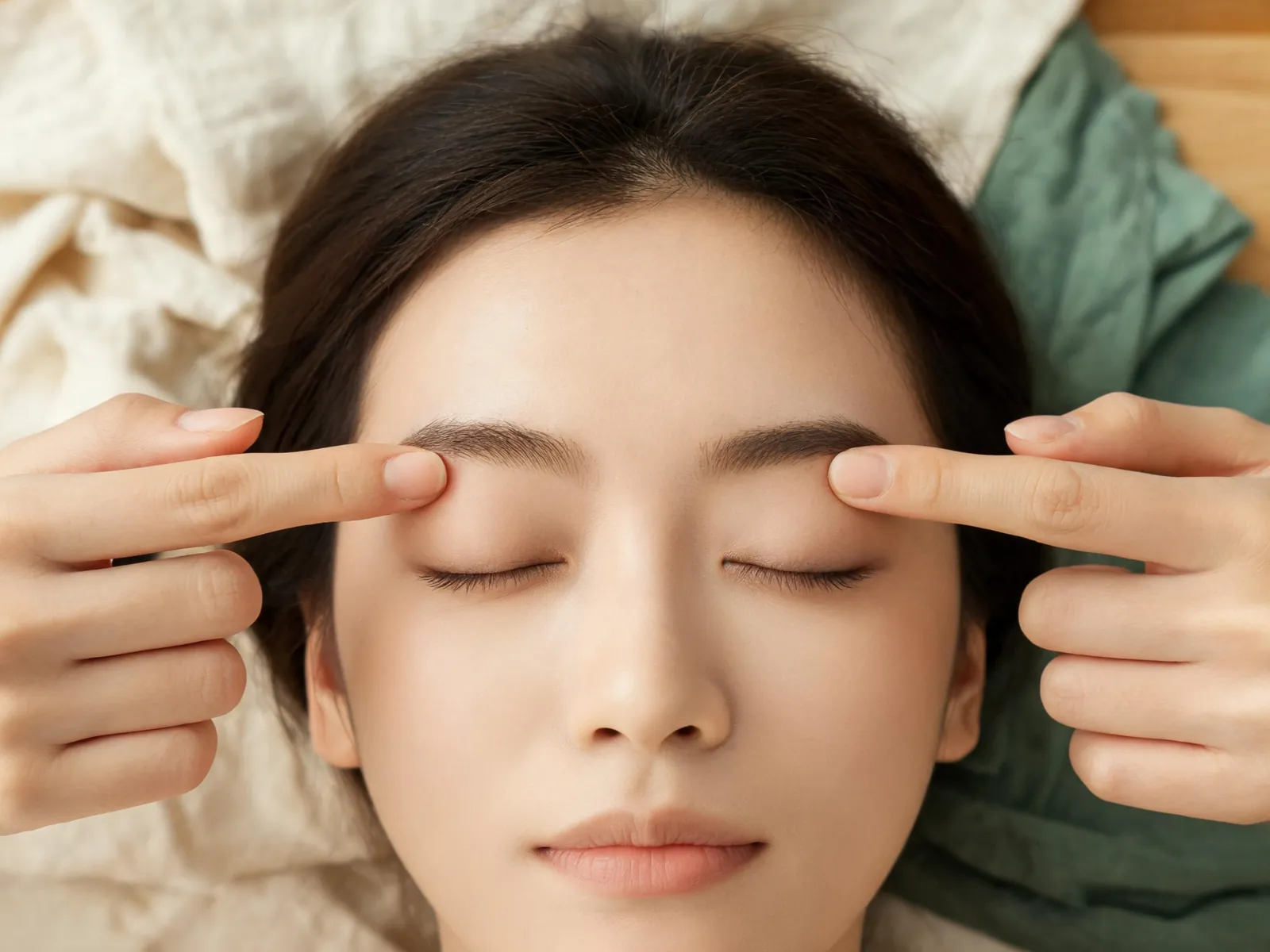 Two fingertips resting at the inner end of an eyebrow.