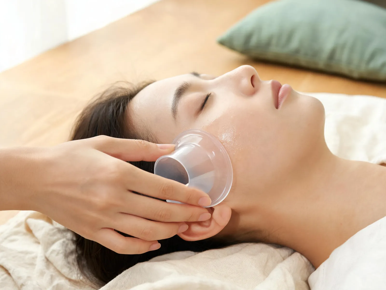 A small clear silicone cup gliding along a cheek.
