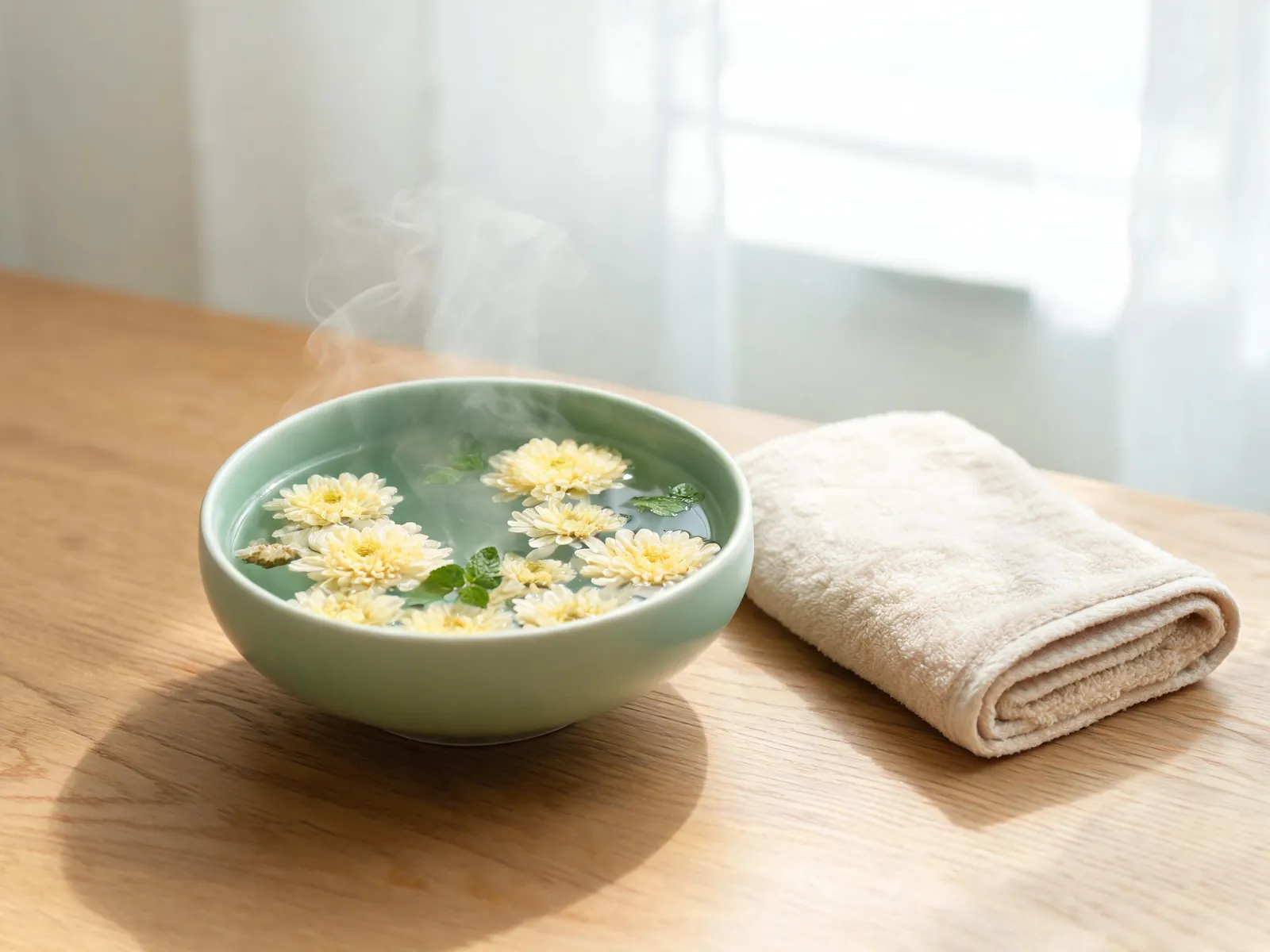 A wide bowl of warm water with chrysanthemum flowers and soft steam.