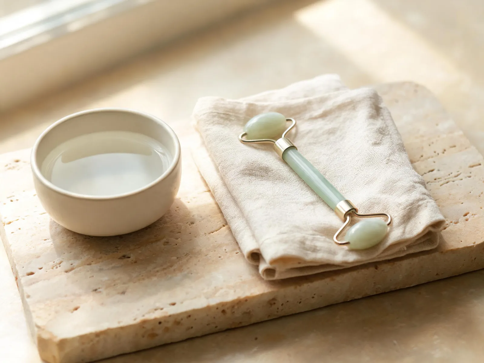 A jade roller, a bowl of cool water and a folded cloth on a stone tray.