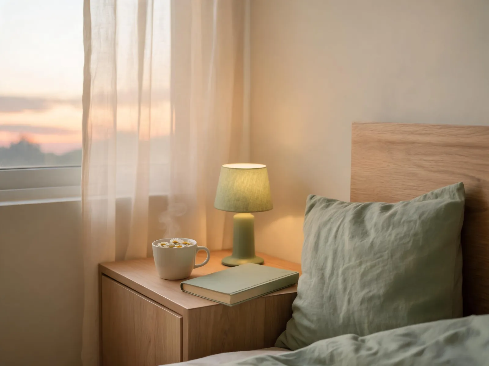 A bedside at dusk with a cup of flower tea, a closed book and a linen pillow.