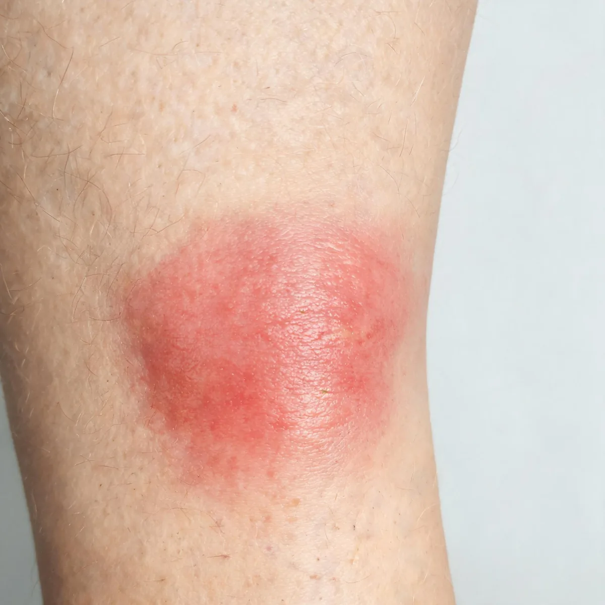 Calf showing a bright red, warm, swollen, poorly demarcated area of skin with a shiny stretched surface, no wound and no pus.