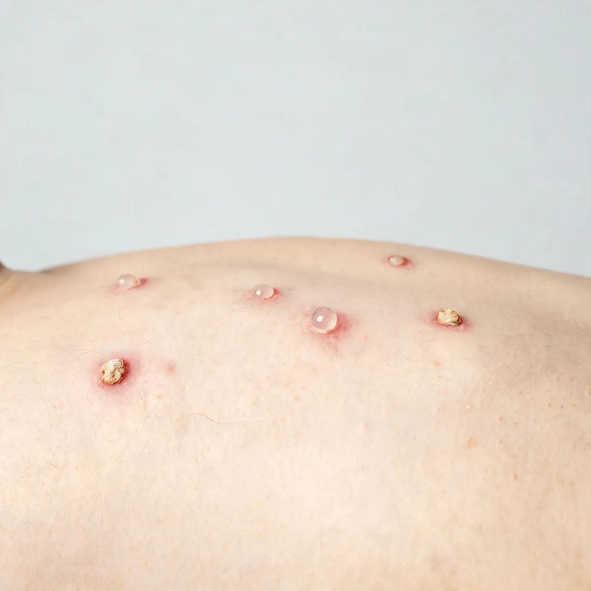Abdomen showing several scattered vesicles on red bases at different stages, some clear and some crusted.