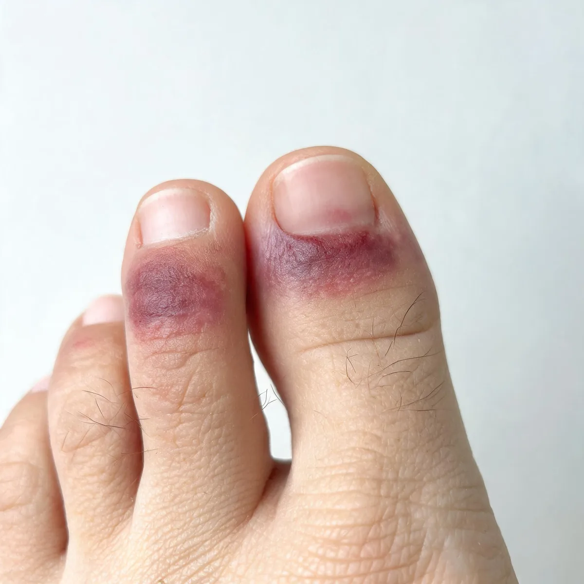 Toes showing two dusky purple-red swollen chilblain lesions on the smaller toes with intact skin, cold-weather pattern.