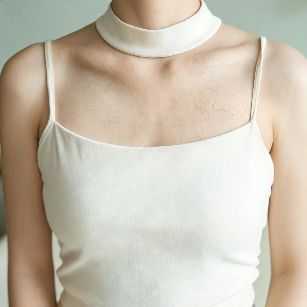 Clinical photograph of the upper chest and breast area of an adult wearing a high-neck cream camisole, with fine cracked skin on the upper breast. No face, nipple or intimate detail is shown.