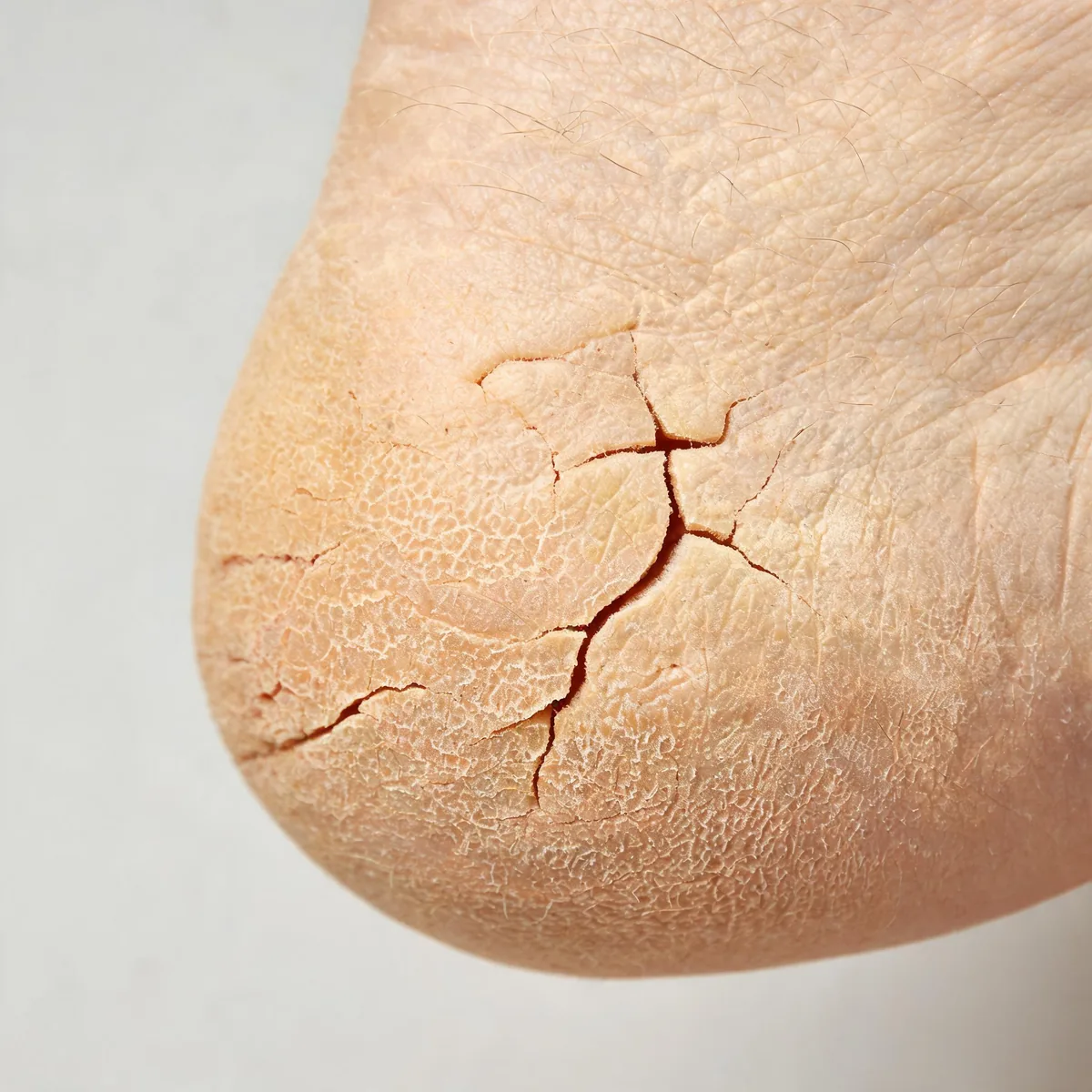 Heel showing deep painful fissures in thickened dry skin with surrounding callus, no bleeding.
