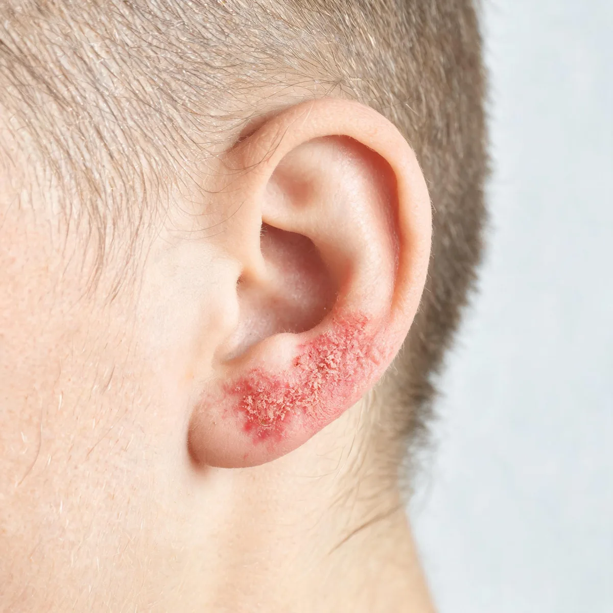 Skin behind and around the ear showing red, scaly, excoriated eczema in the crease behind the earlobe, no ear canal in frame.