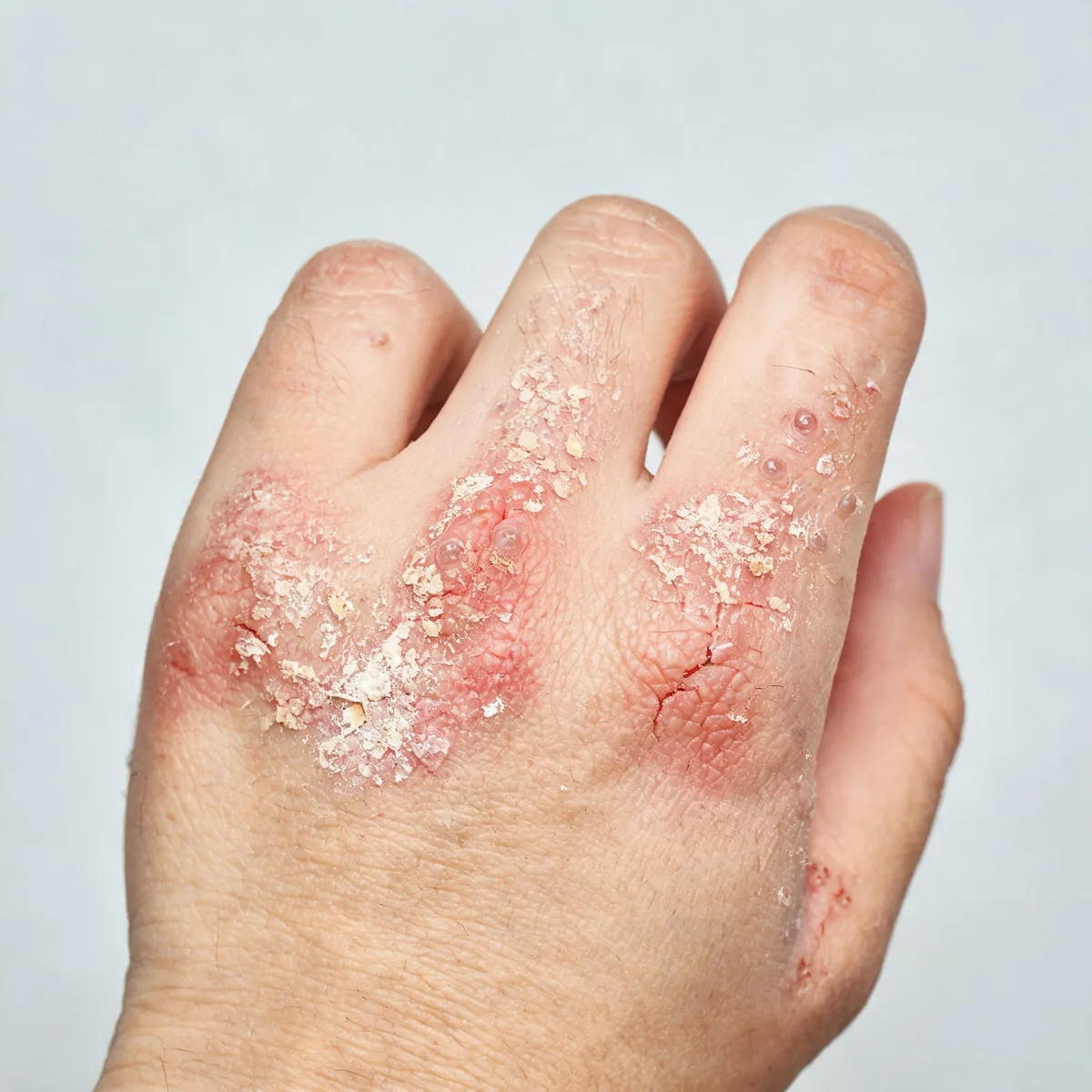 Palm and fingers of one hand showing dry, fissured, red dermatitis with scaling and small vesicles along the sides of the fingers.
