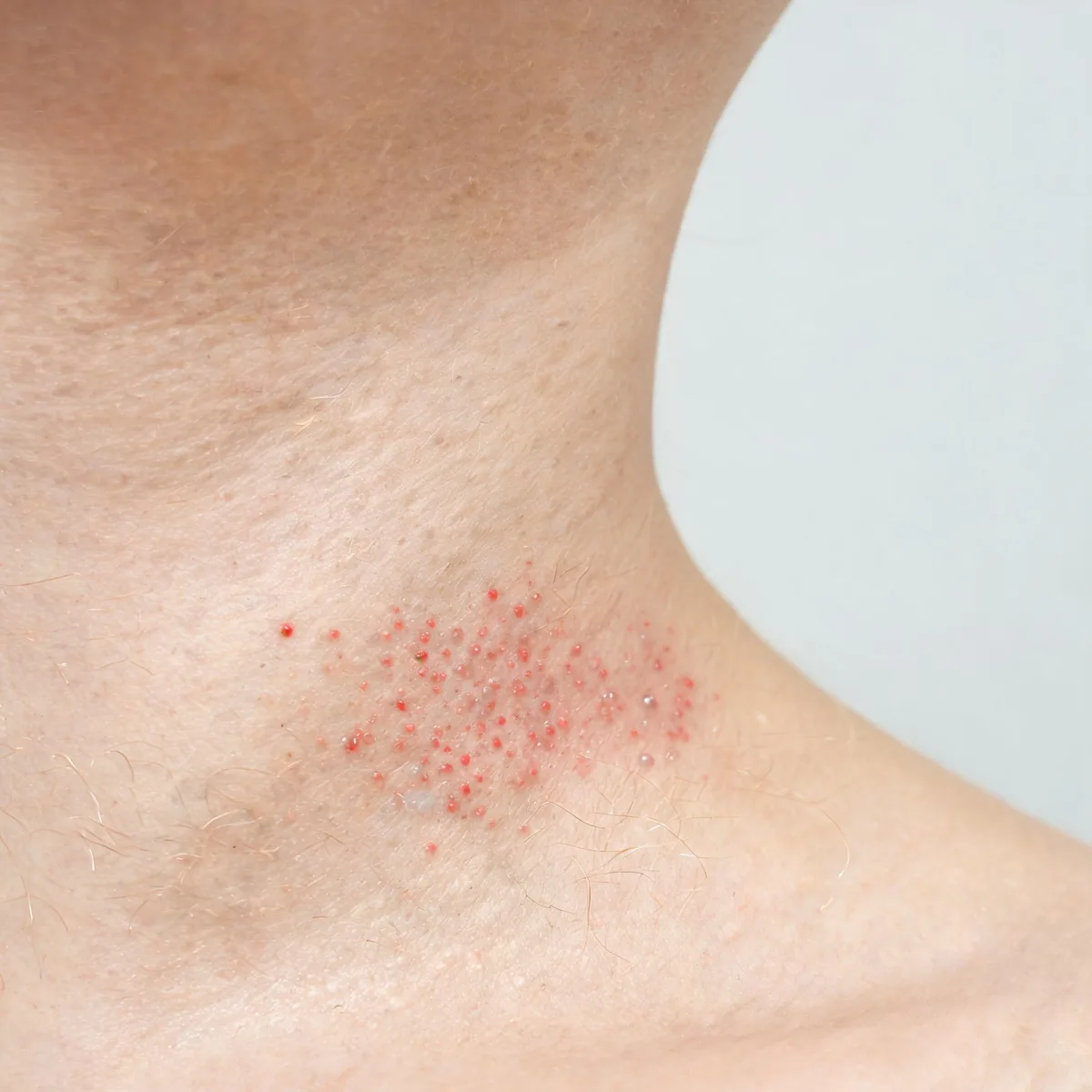 Side of the neck below the jawline showing a dense crop of tiny red papules and pinpoint vesicles in the skin folds.