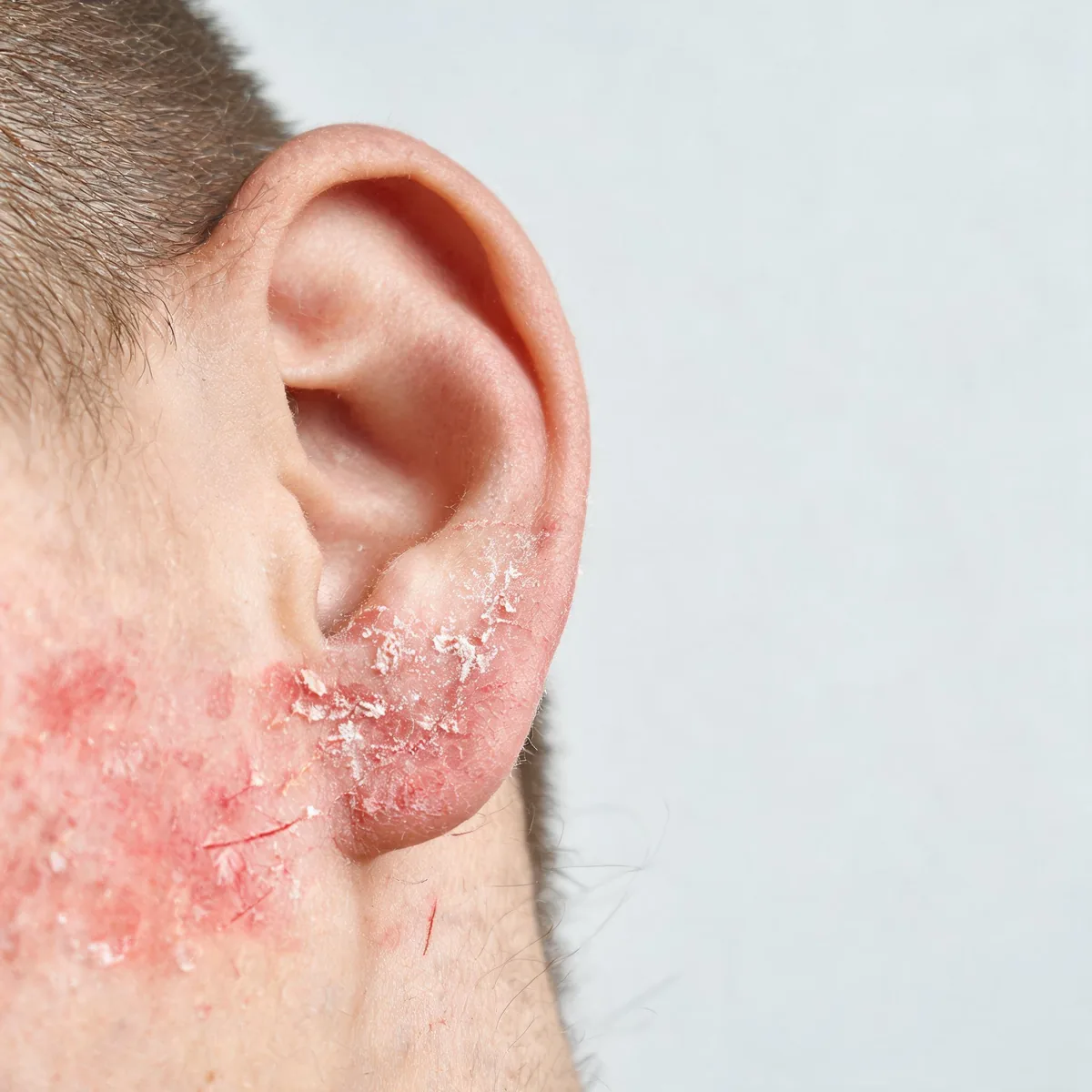 Skin of the outer ear and behind it showing mild redness and scaling with scratch marks, no ear canal and no face.