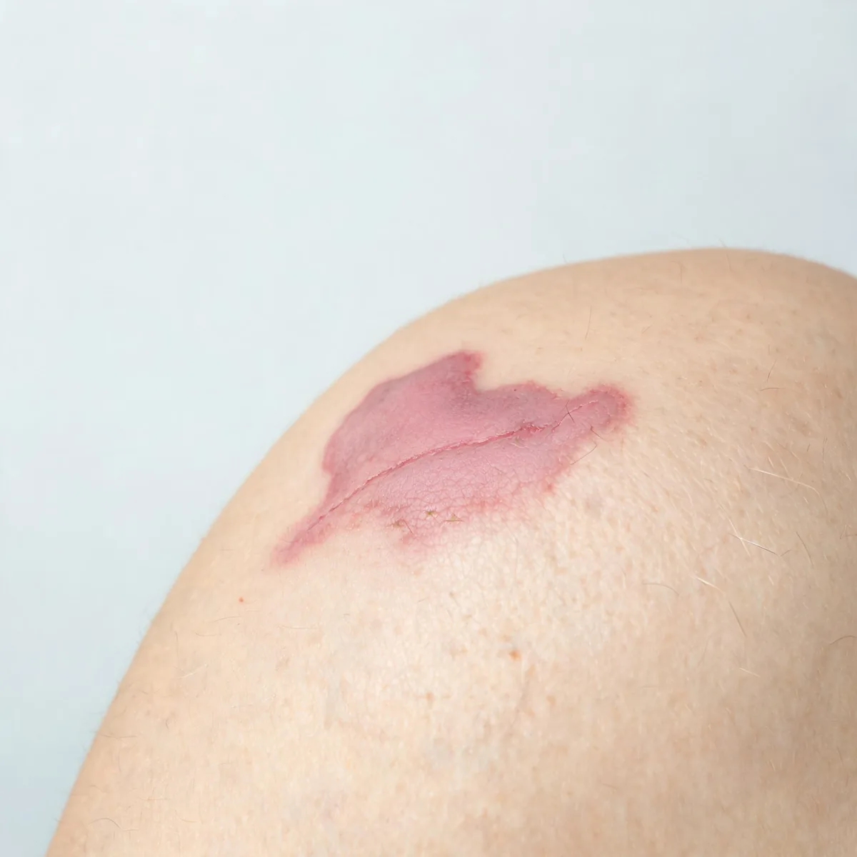 Shoulder showing a raised, firm, smooth keloid scar extending beyond the original linear wound with a clawed edge, pink-purple colour.