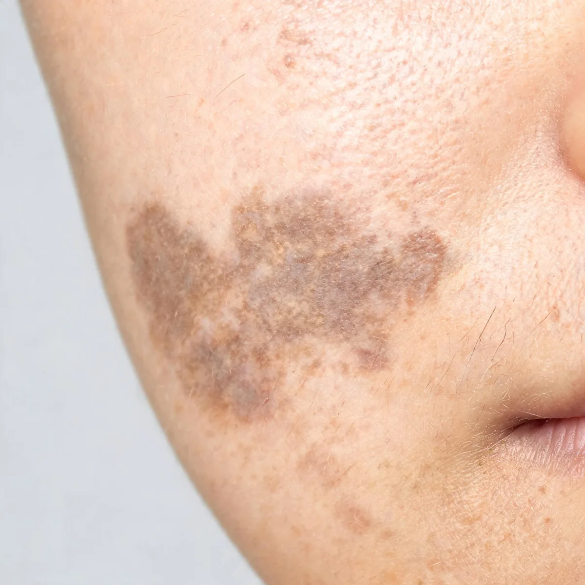 Cheek and upper lip area only, cropped below the eyes, showing symmetrical brown-grey pigmented patches with irregular borders.