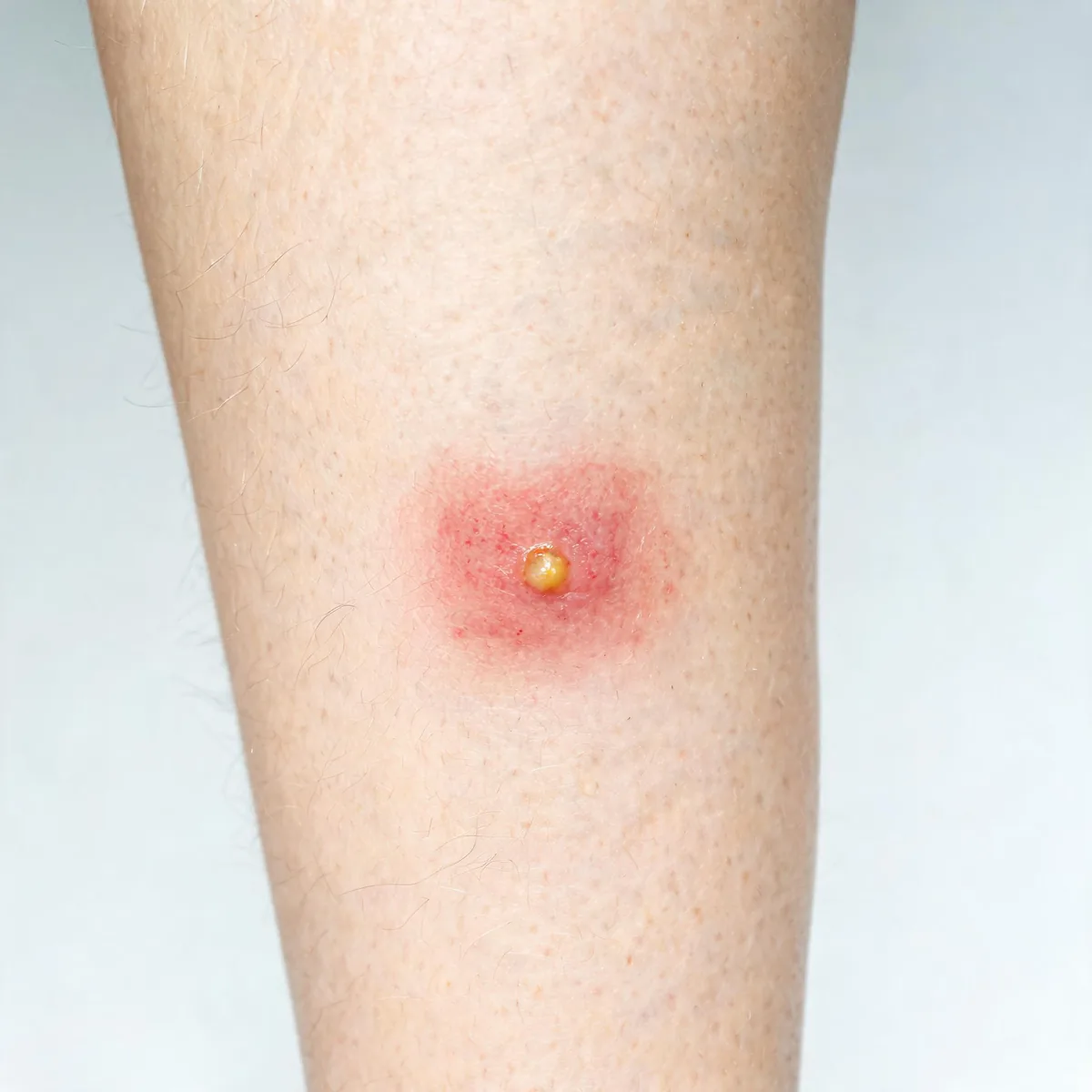 Shin showing a small red inflamed area with a little yellow purulent discharge at the centre, no gore, no wound cavity.