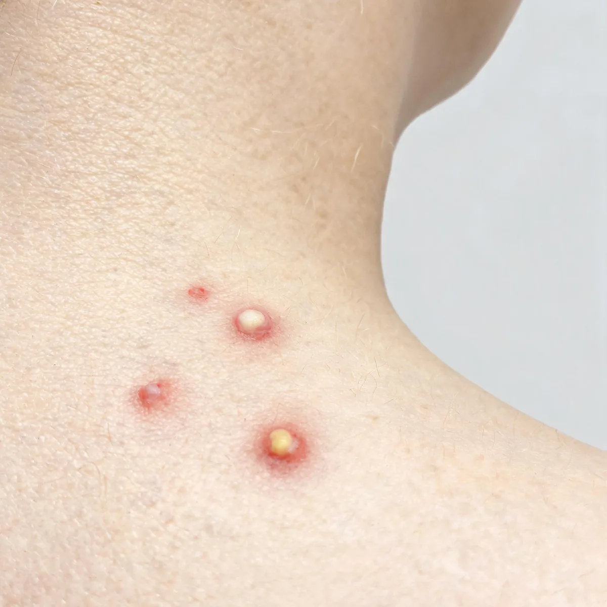 Side of the neck below the jawline showing several discrete pustules with red bases on the skin, one with a visible yellow-white head.