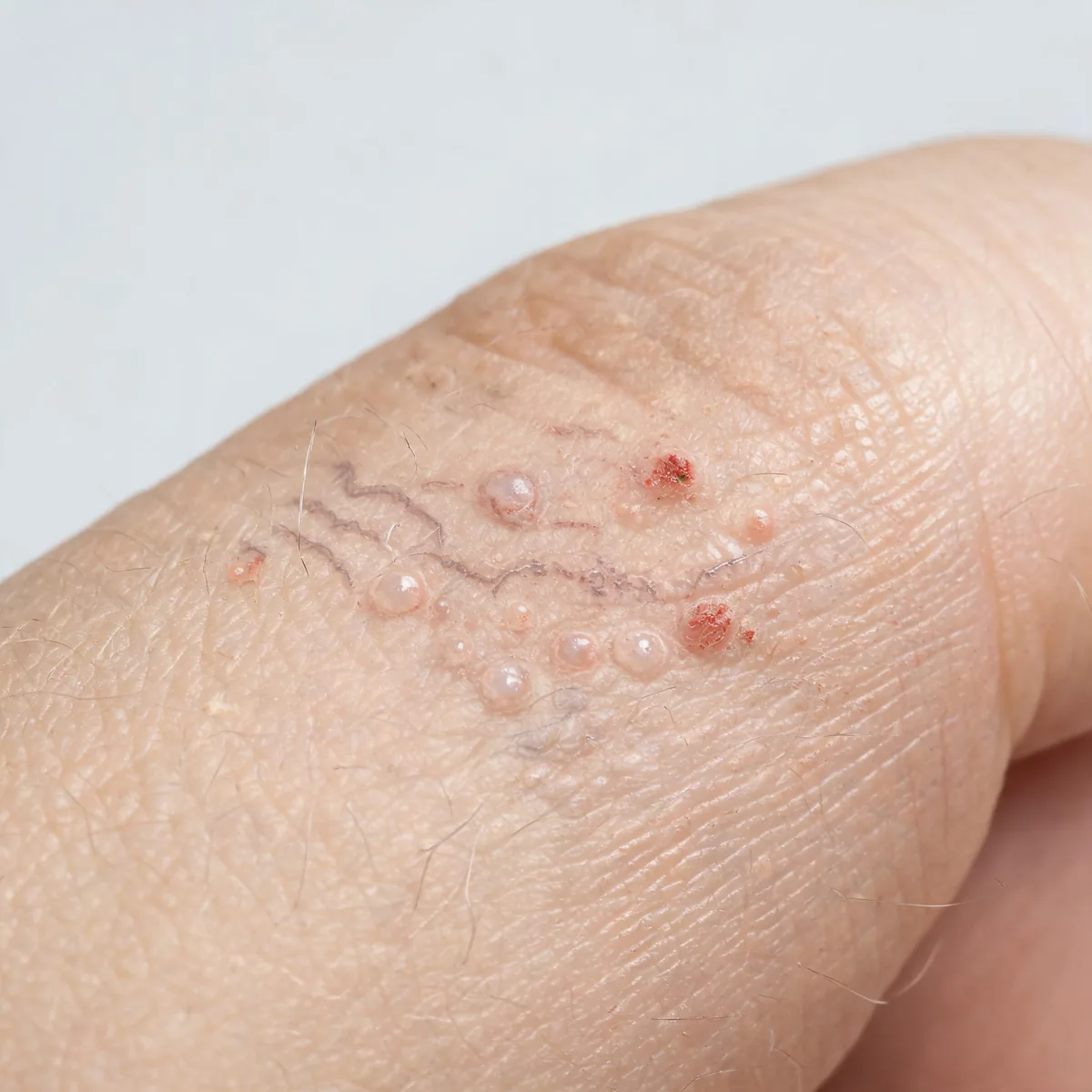Finger webs showing small burrows, tiny vesicles and excoriated papules between the fingers, classic scabies.