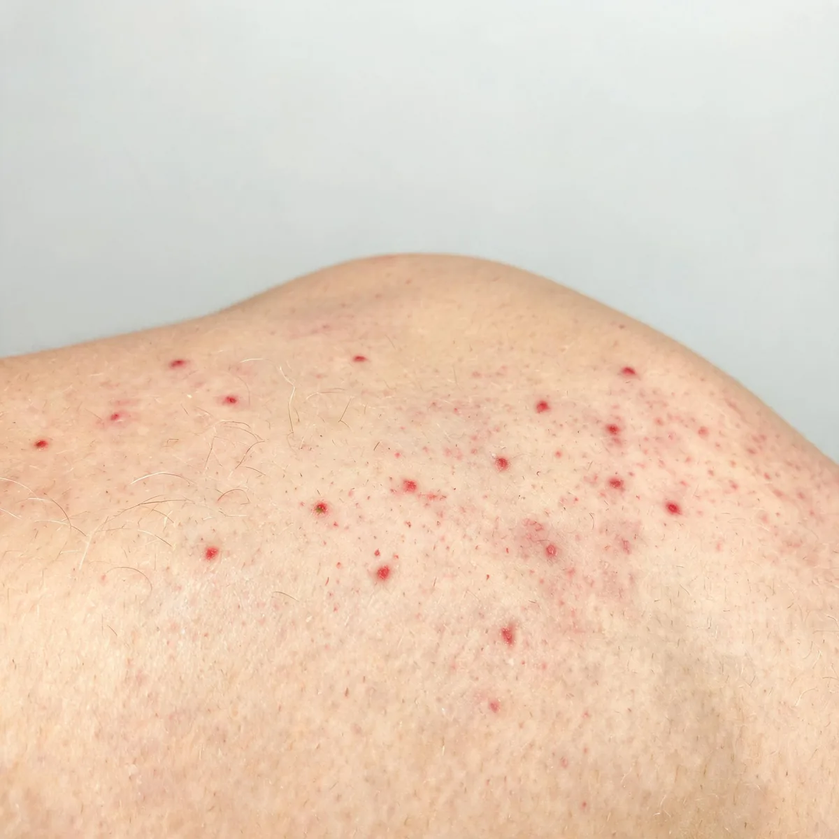 Skin of the upper back showing a widespread mild morbilliform rash of small red macules and papules, no blistering and no gore.