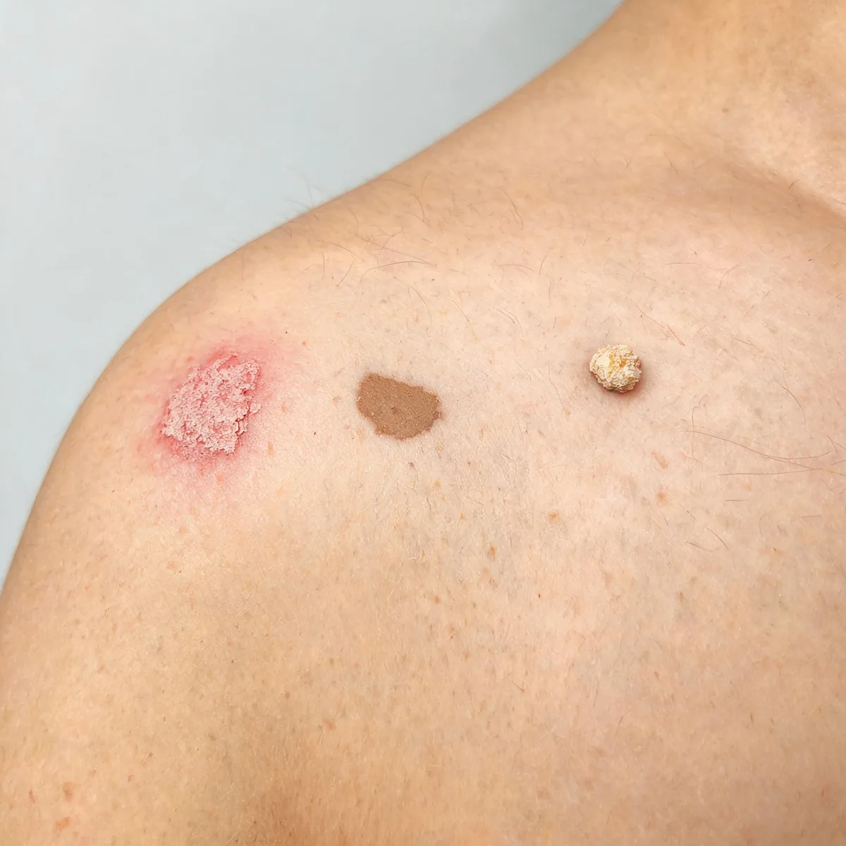 Upper back showing several mixed skin lesions: a small scaly red patch, a brown macule and a tiny crusted papule.