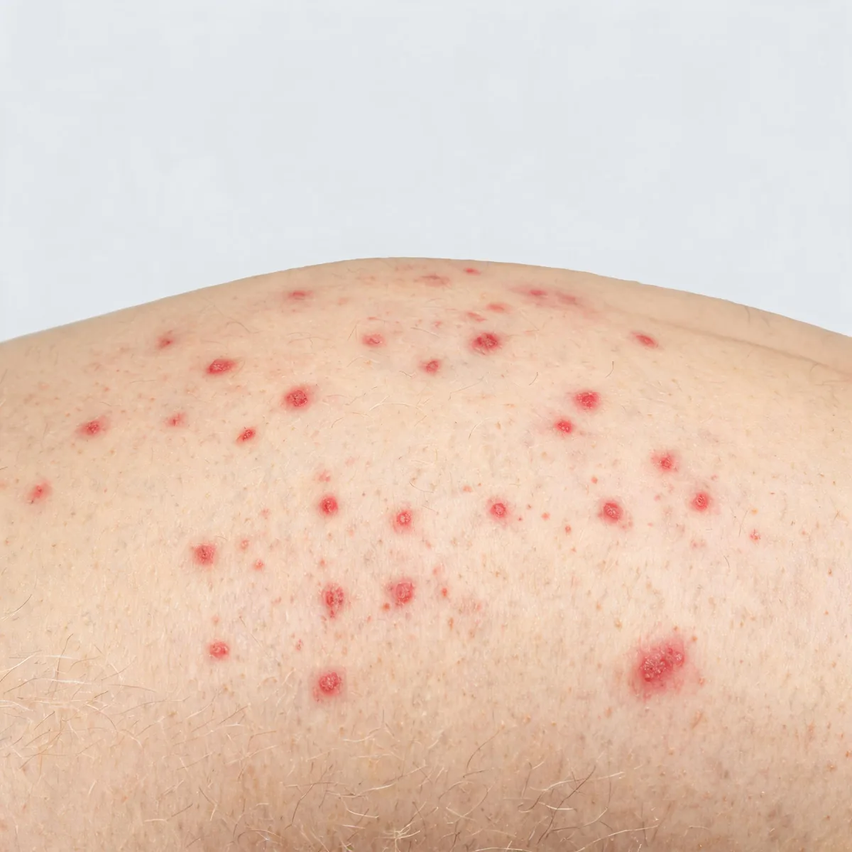 Abdomen showing a widespread blotchy red rash of small macules and papules on the trunk, no specific pattern.