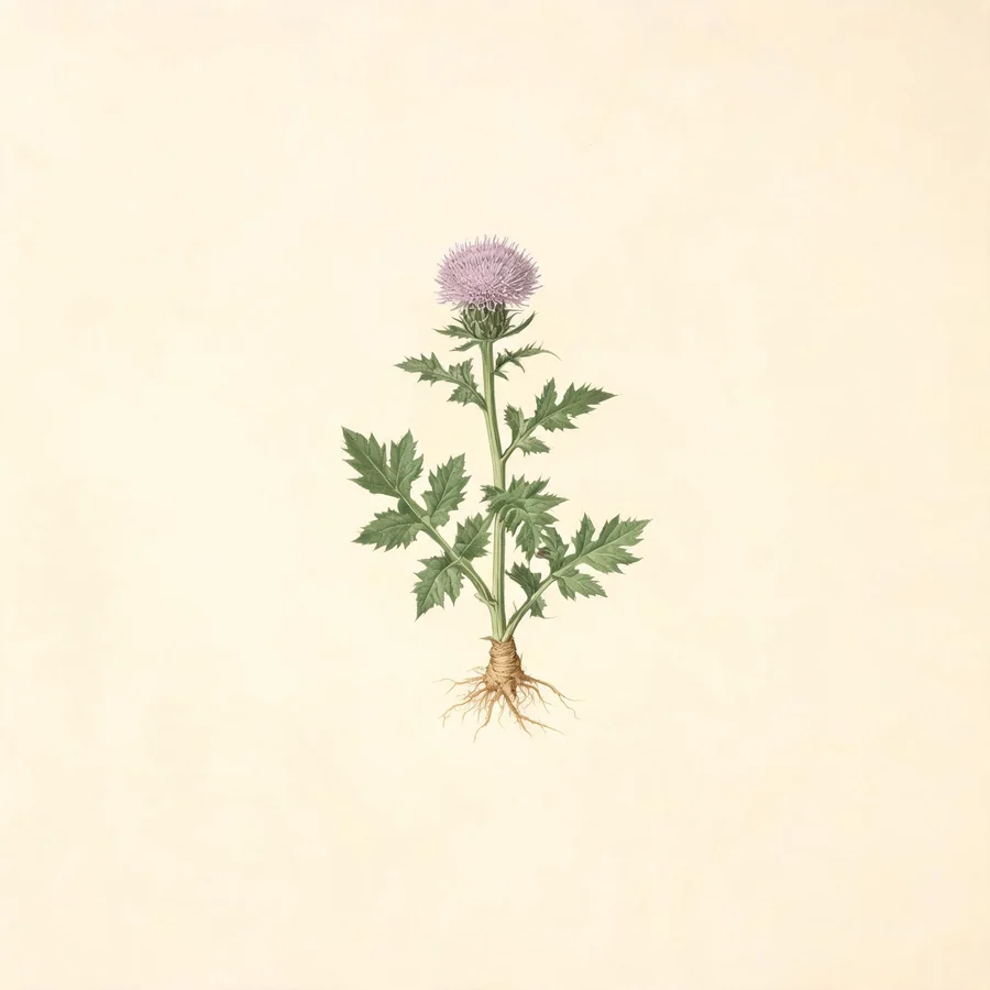 Botanical illustration of Atractylodes macrocephala in flower, showing its leaves and flowering stem