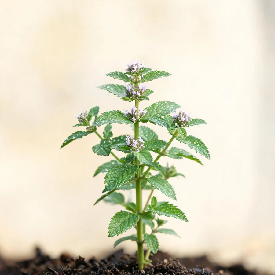 Botanical illustration of Mentha haplocalyx in flower, showing its leaves and flowering stem