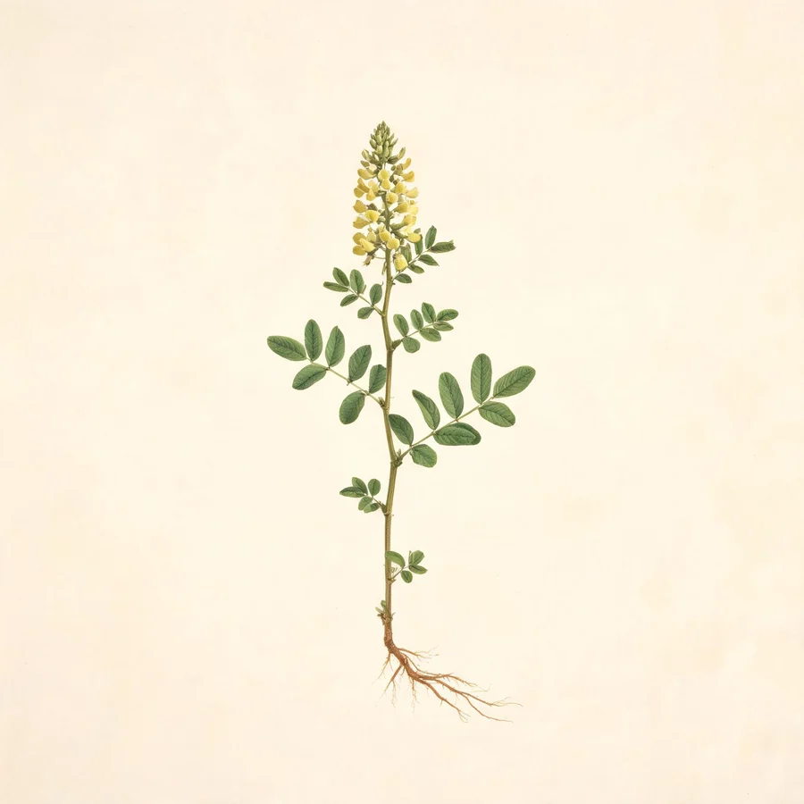 Botanical illustration of Psoralea corylifolia in flower, showing its leaves and flowering stem