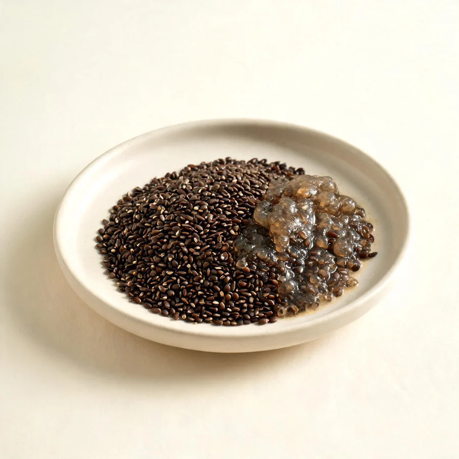 Dried Che Qian Zi seed arranged in a shallow bowl