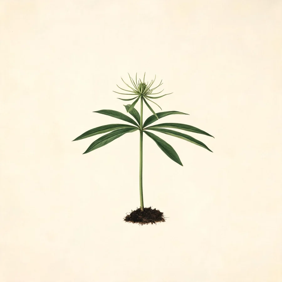 Botanical illustration of Paris polyphylla var. yunnanensis in flower, showing its leaves and flowering stem