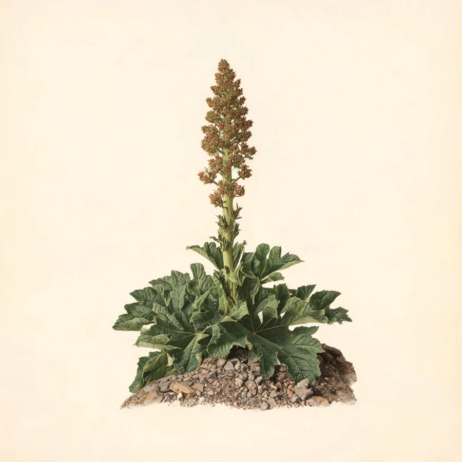 Botanical illustration of Rheum palmatum in flower, showing its leaves and flowering stem