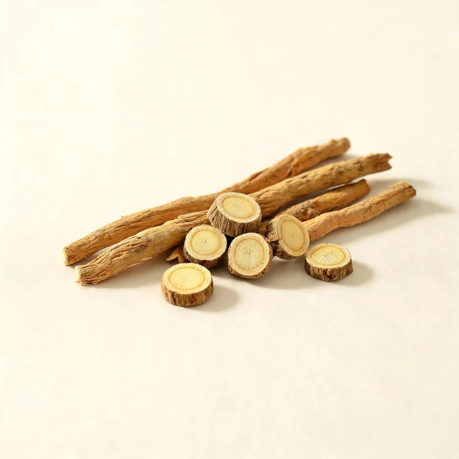 Dried Gan Cao root and rhizome arranged in a shallow bowl