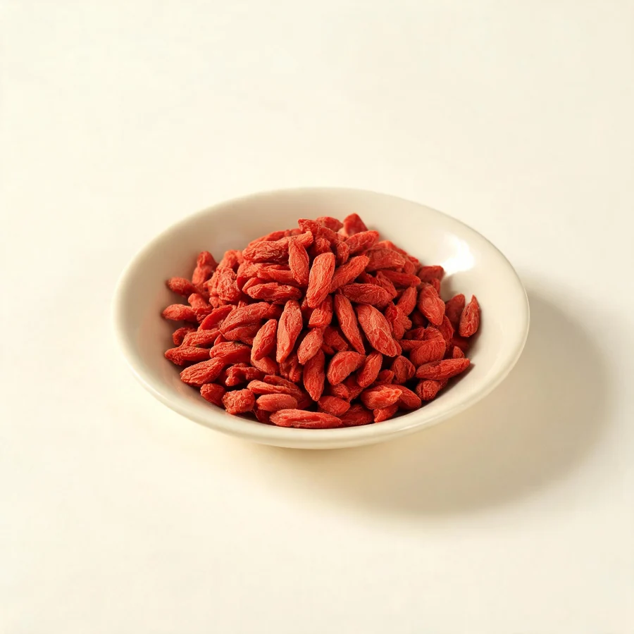 Dried Gou Qi Zi fruit arranged in a shallow bowl