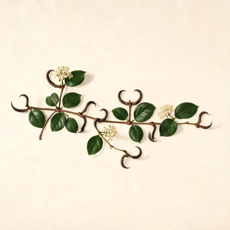 Botanical illustration of Uncaria rhynchophylla in flower, showing its leaves and flowering stem