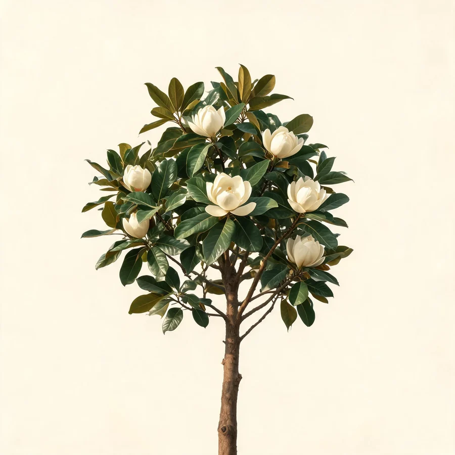 Botanical illustration of Magnolia officinalis in flower, showing its leaves and flowering stem