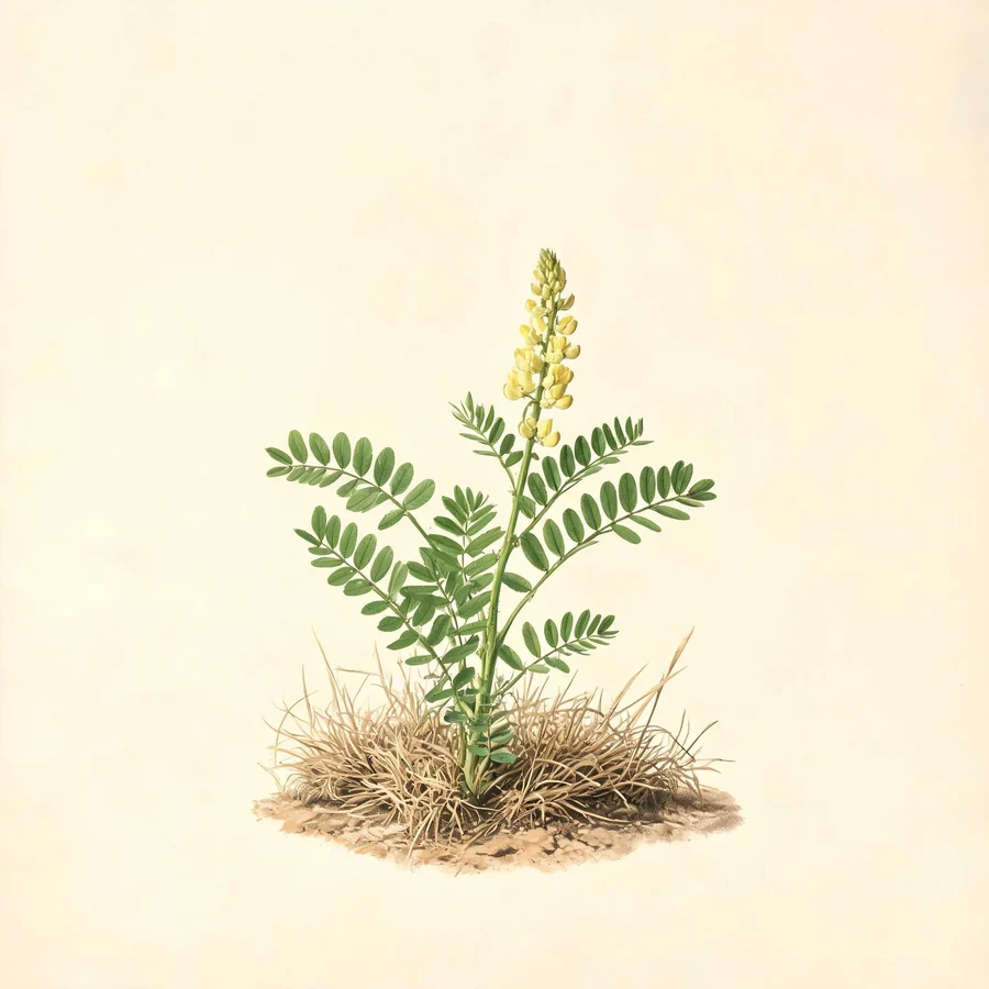 Botanical illustration of Astragalus membranaceus in flower, showing its leaves and flowering stem