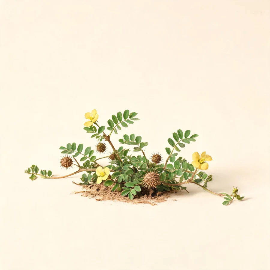 Botanical illustration of Tribulus terrestris in flower, showing its leaves and flowering stem