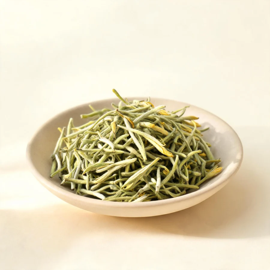 Dried Jin Yin Hua flower bud arranged in a shallow bowl