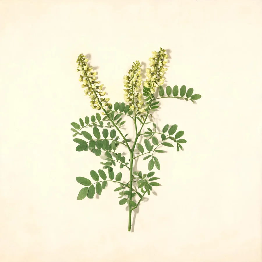 Botanical illustration of Sophora flavescens in flower, showing its leaves and flowering stem