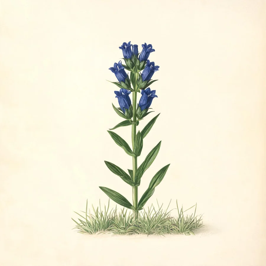 Botanical illustration of Gentiana scabra in flower, showing its leaves and flowering stem