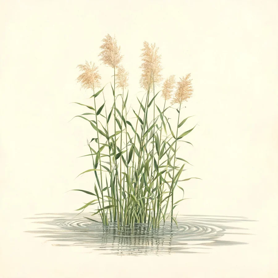 Botanical illustration of Phragmites australis in flower, showing its leaves and flowering stem