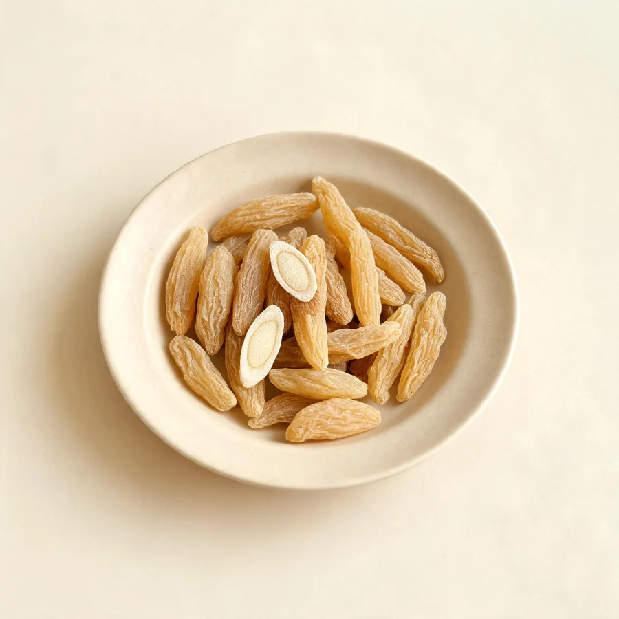 Dried Mai Dong root tuber arranged in a shallow bowl